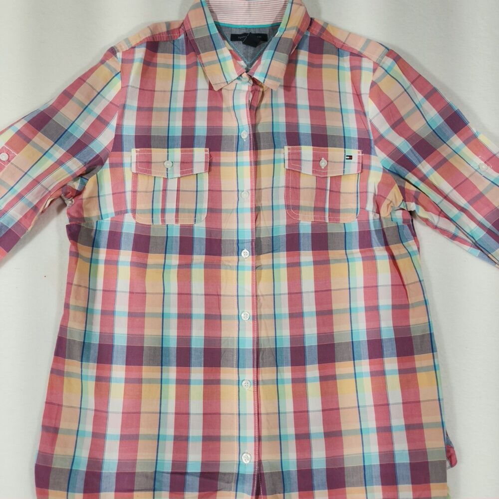 TOMMY HILFIGER Button Up Shirt Mens L  Multicolor Plaid Short Sleeve Casual